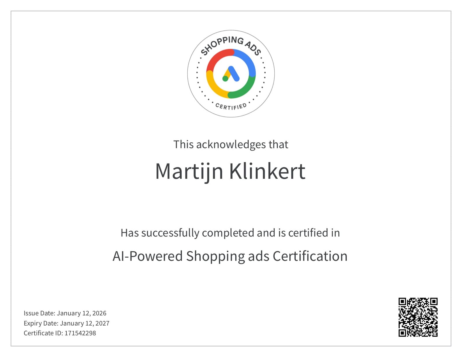 Certificate: AI-Powered Shopping Ads by Google, issued to Martijn Klinkert