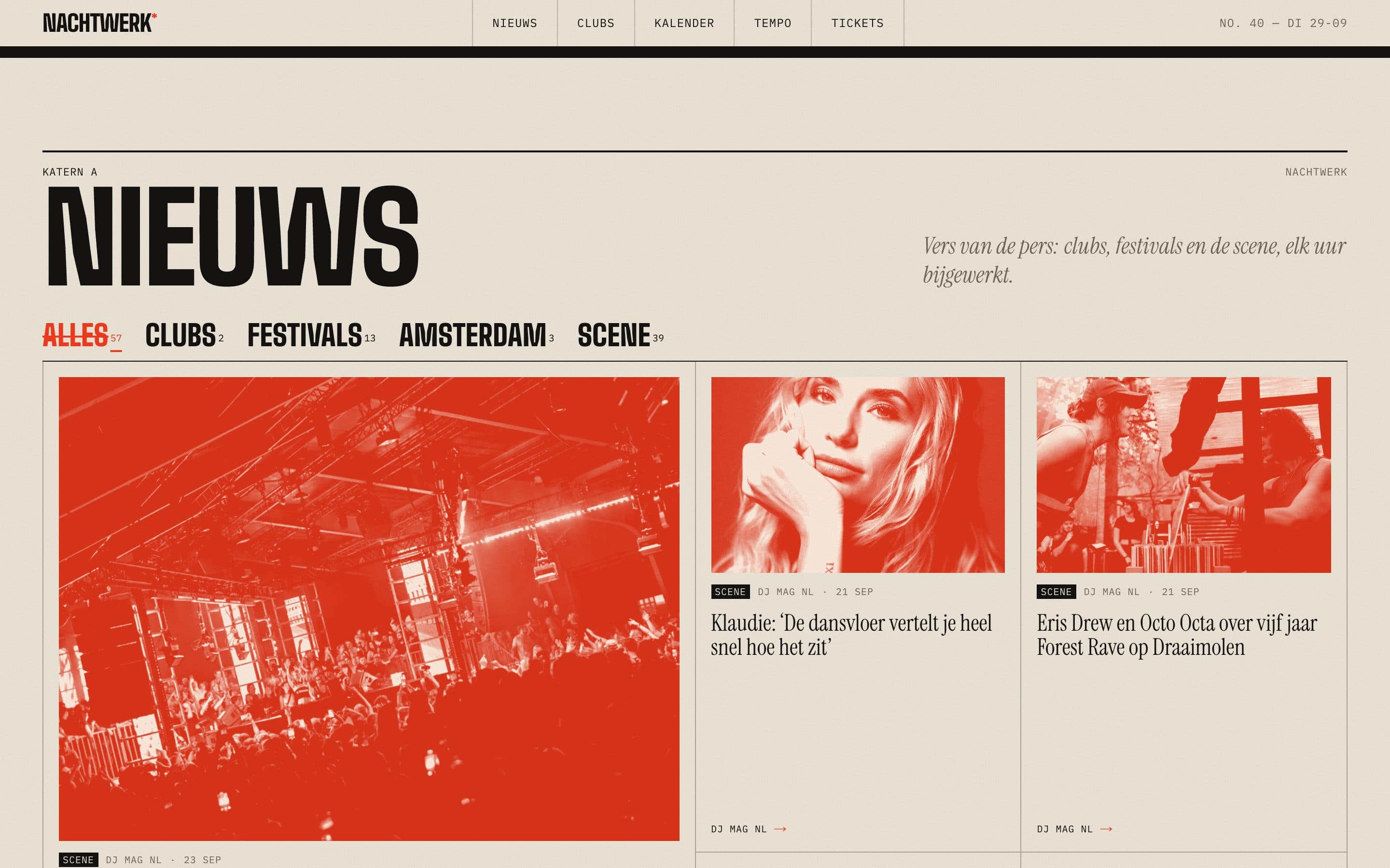 Nieuws: news from 25 sources, filterable by clubs, festivals, Amsterdam and scene