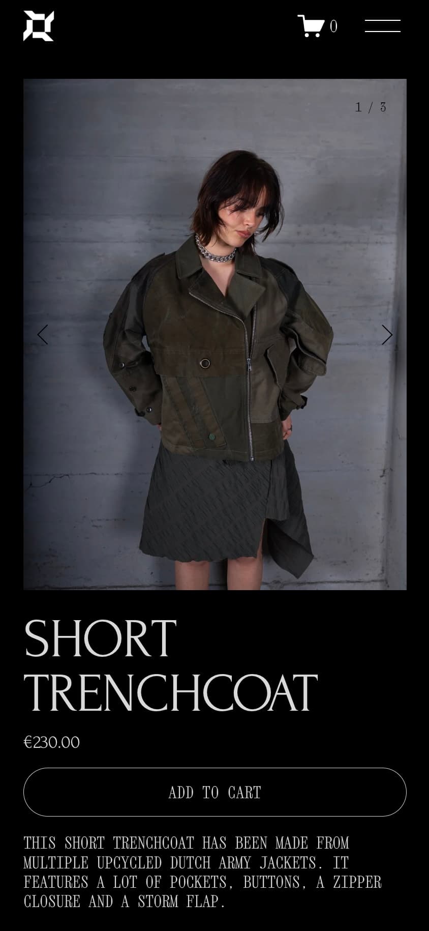 Uncommon Rage on mobile: the product page for the Short Trenchcoat, made from upcycled Dutch army jackets