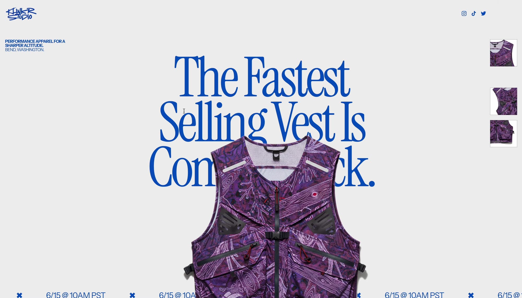 The vest drop hero: an oversized blue serif headline, a purple vest breaking through the type, product thumbnails and a date ticker