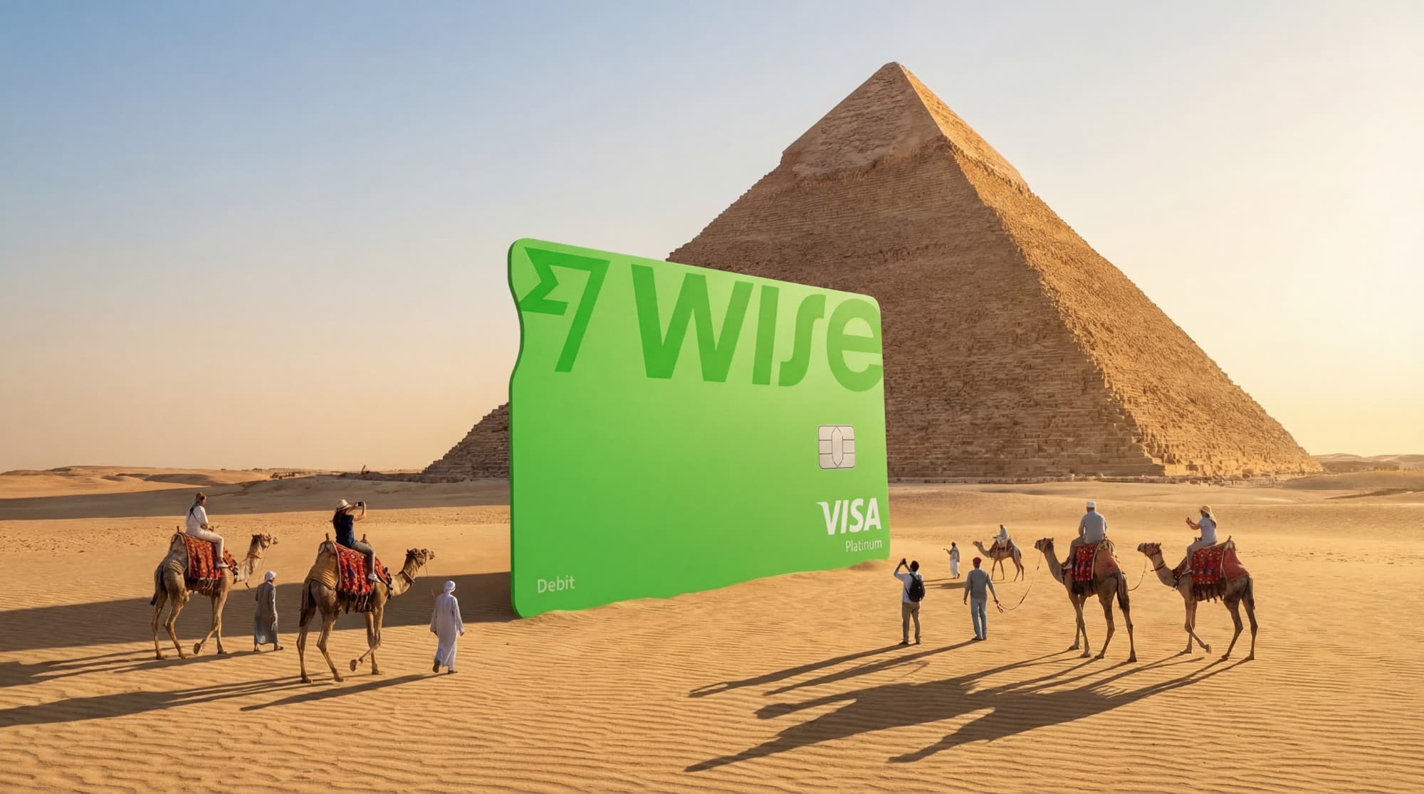 A giant Wise card in the desert in front of the Great Pyramid of Giza, with camels and tourists