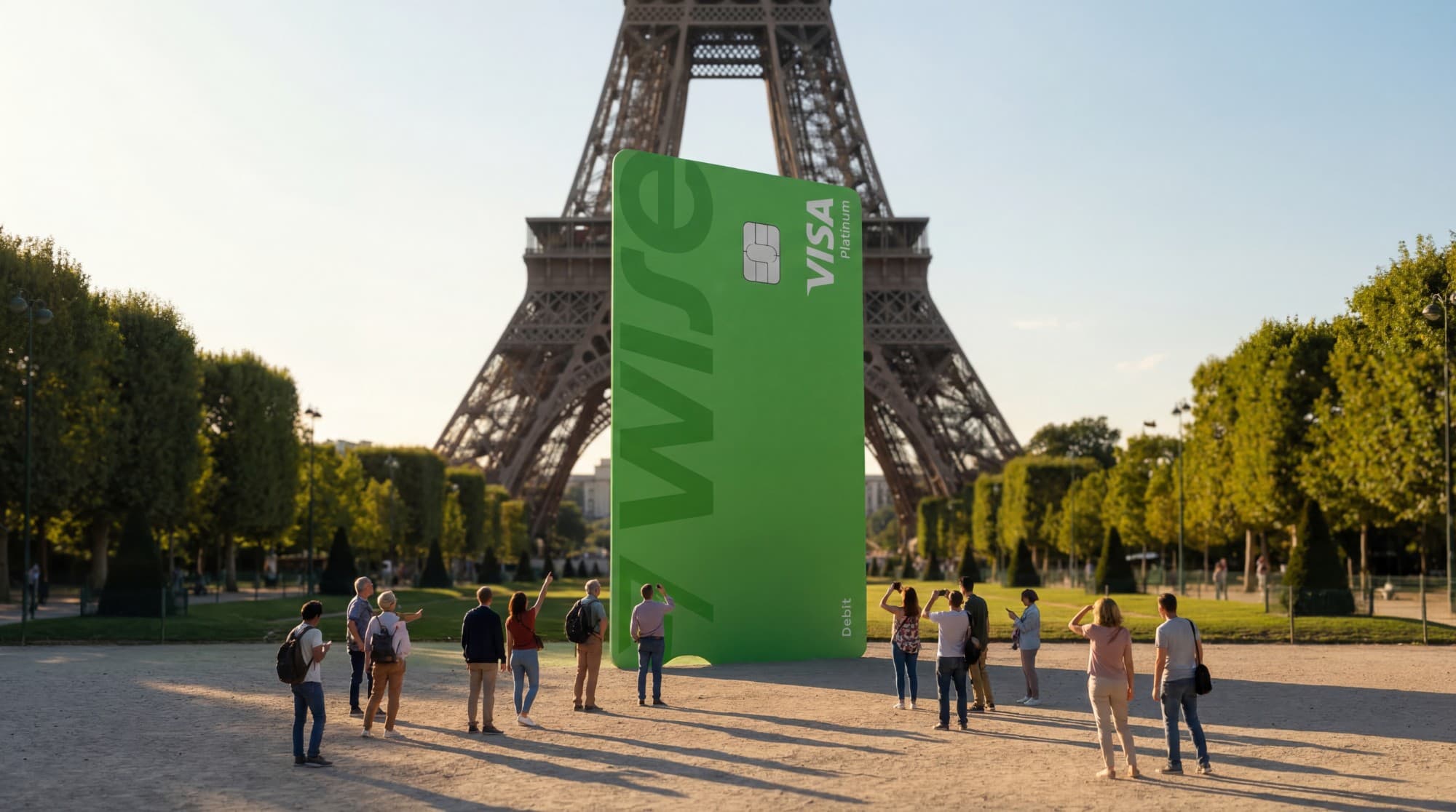 A giant Wise card standing under the Eiffel Tower while tourists take photos