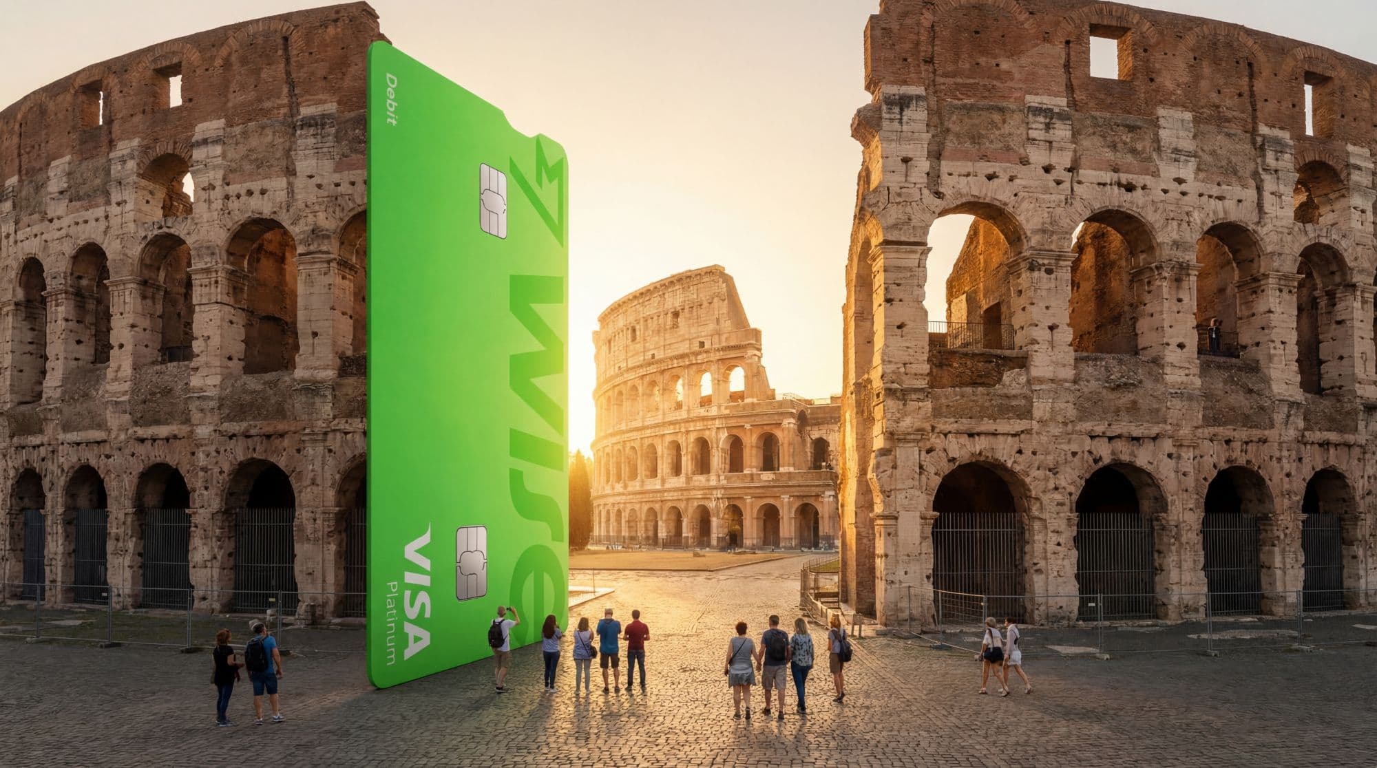 A giant Wise card standing between the arches of the Colosseum in Rome at sunrise